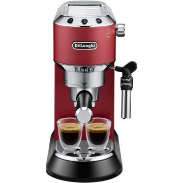 De'Longhi Dedica Pump Espresso Coffee Machine in Red for barista quality beverages at home shown from the front.